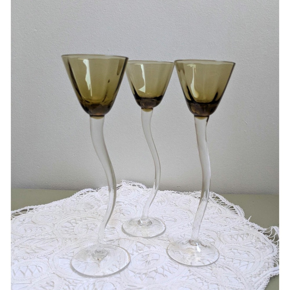 Set of 3 Vintage Amber Wine Glasses, Twisted Stem Goblets, Smoky Brown Glassware